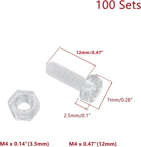 Vista 2 de Juego de 100 tornillos y tuercas acrílicas transparentes de 0.28 pulgadas de diámetro, cabeza redonda, Phillips, tornillos de plástico con tuercas