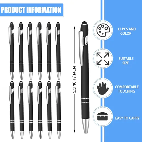 Vista 2 de 12 bolígrafos de tinta azul con punta de lápiz capacitivo, bolígrafo de metal de 0.039 pulgadas para pantallas táctiles, 2 en 1, regalo para amigos
