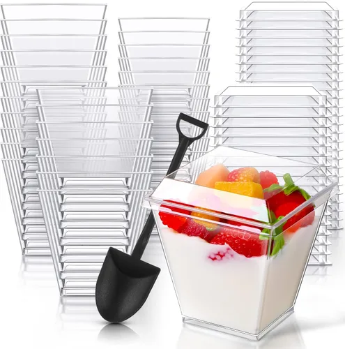 Vista 8 de Cunhill 100 tazas cuadradas de postre con 100 cucharas de postre en forma de pala, tazas de plástico transparente para aperitivos con tapas, mini