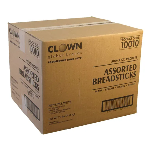 Vista 5 de Clown Global Brands Palitos de pan surtidos Lisos, sésamo, cebolla, ajo Estuche de 500 unidades Dos palitos de pan por paquete envuelto