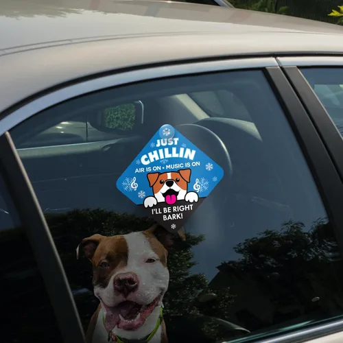 Vista 3 de Just Chillin - Letrero de seguridad para mascotas para ventana de automóvil, alerta de reproducción de música AC On para dueños de perros