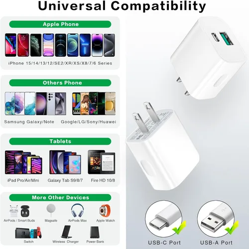 Vista 5 de Bloque de carga USB C, paquete de 5 bloques de carga tipo C, caja de carga rápida PD de 20 W, cubo de ladrillo compatible con iPhone 16/15/14 Pro