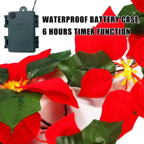 Vista 8 de Guirnalda de Pascua roja LED de Navidad con luces blancas cálidas de 14 pies, flores de Pascua artificiales para decoración navideña, temporizador