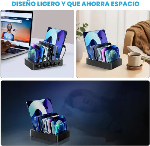 Vista 6 de Estación de carga para múltiples dispositivos 68W 6 puertos cargador de teléfono Dock con 6 cables, estación de carga rápida negra de 20 W