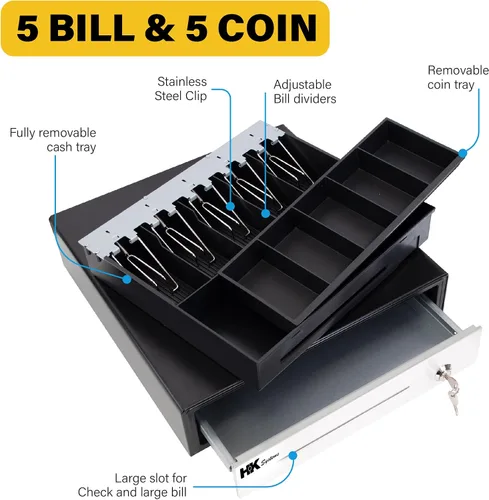 Vista 4 de HK SYSTEMS Cajón de efectivo negro resistente frontal de 16 pulgadas "acero inoxidable" con 5Bill/5Coin