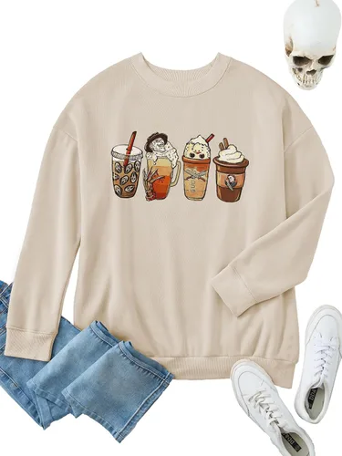 Vista 4 de Sudadera de Halloween de gran tamaño para mujer, diseño de película de terror, para otoño, cuello redondo, manga larga