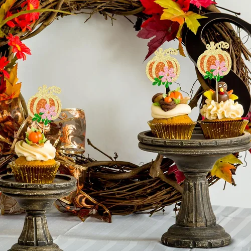 Vista 7 de 24 adornos de calabaza para cupcakes con purpurina para otoño, hojas, flores, calabaza, cupcakes, decoración de pasteles para Halloween, decoración