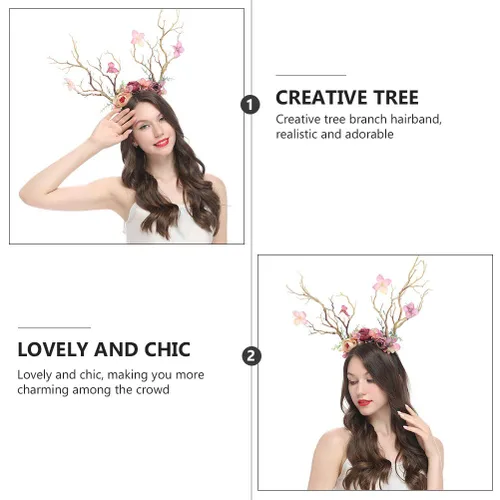 Vista 3 de Minkissy Diadema de cornamenta de ciervo, diadema de cuernos de reno de Navidad, diadema de ramas de árbol, tocado para el cabello, accesorios