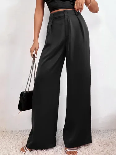 Vista 4 de SweatyRocks Pantalones largos plisados de satén de cintura alta para mujer, pantalones largos casuales para el trabajo y la oficina