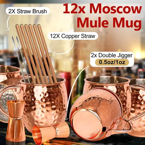 Vista 3 de LINALL Moscow Mule Tazas de Cobre - Juego de 12 Tazas de Acero Inoxidable Chapado en Cobre de 18oz, para Bebidas Frías (12 unidades)
