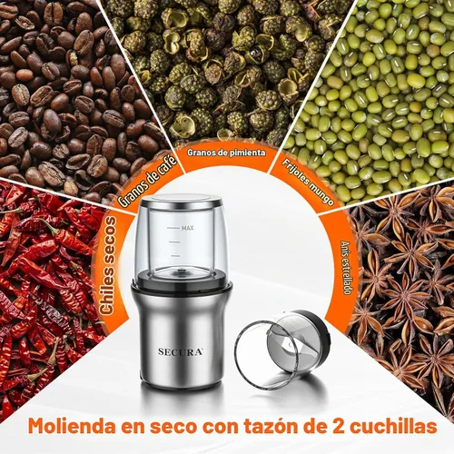Vista 4 de Secura Molinillo de café eléctrico, molinillo de especias, cuencos de vidrio dobles para molienda húmeda y seca