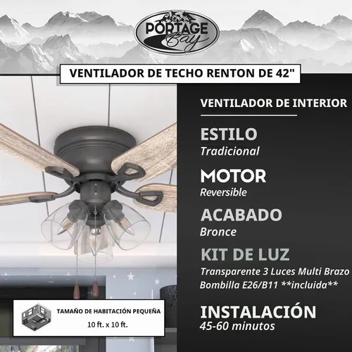 Vista 6 de Portage Bay - Ventilador de techo Renton, 42 pulgadas, bronce, para interior, con 3 luces LED transparentes, múltiples aspas, focos E26/B11