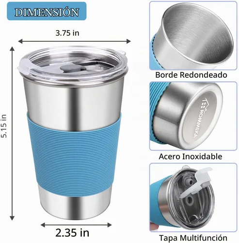 Vista 2 de Vaso de agua con tapas, paquete de 6 vasos de acero inoxidable a prueba de derrames, reutilizable, apilable, de 16 onzas, con tapas, para niños