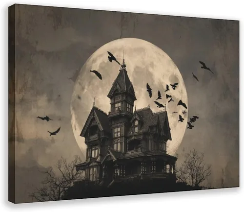 Vista 24 de JDBeehpy Spooky Halloween Cemetery Scene Wall Art Jack - O' - Lanterns Poster Mysterious Night Sky Frame Canvas Print PaintingCreepy Decor Mural