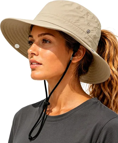 Vista 11 de Sombrero de sol para mujer con agujero para cola de caballo, ala ancha, UPF 50+, impermeable, plegable, con correa para la barbilla, para Blanco