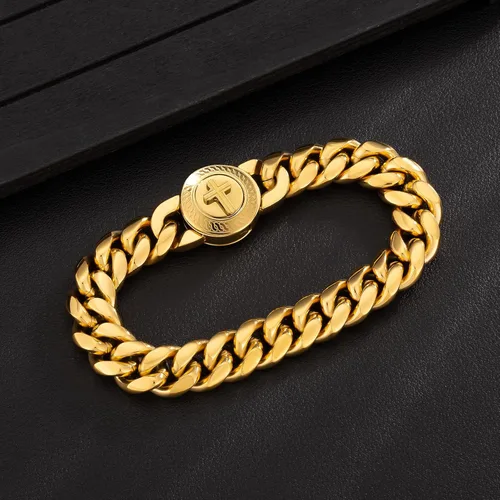Vista 7 de KRKC&CO - Pulsera de eslabones cubanos de 12/0.551 in para hombre, chapada en oro de 18 quilates, cruz, brújula, calaveras redondas, cierre tallado