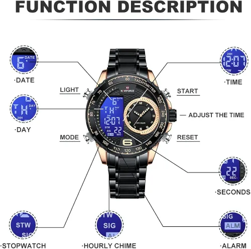Vista 4 de NAVIFORCE Reloj para hombre, reloj de cuarzo digital de doble pantalla, multifuncional, de acero inoxidable