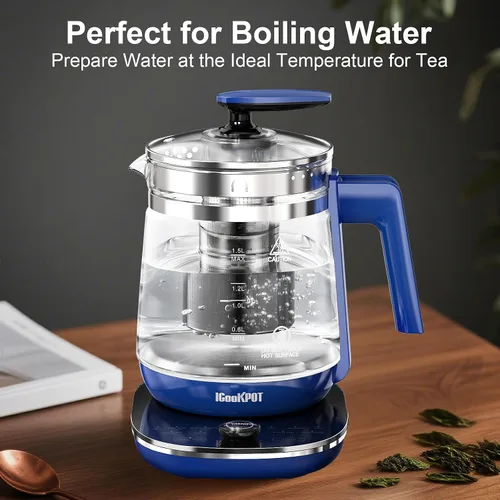 Vista 2 de Hervidor eléctrico, 1.5 L, vidrio borosilicato, hervidor de agua caliente eléctrico y tetera para café o té, sin BPA, apagado automático, acero Azul