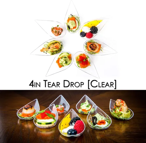 Vista 4 de DLux 100 mini platos de aperitivo en forma de lágrima de 4 pulgadas con tenedores, cucharas de plástico transparente reutilizables - platos