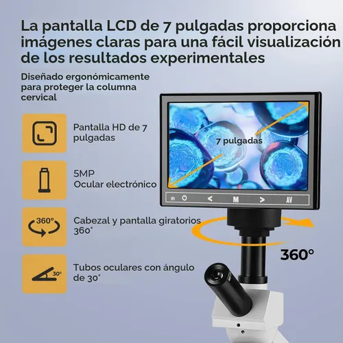 Vista 2 de [Versión de sangre] Vabiooth Microscopio monocular compuesto de doble visión 40X-2500X aumento con pantalla LCD de 7 pulgadas, ocular electrónico