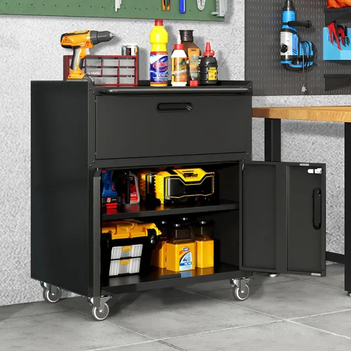Vista 2 de Armario de almacenamiento de metal para garaje con ruedas, gabinete de herramientas con cerradura negra con cajón y estantes ajustables, gabinete