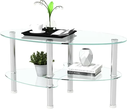Vista 10 de Henf Oval Glass Coffee Table, 39.4'' Transparent Top, Black Metal Legs