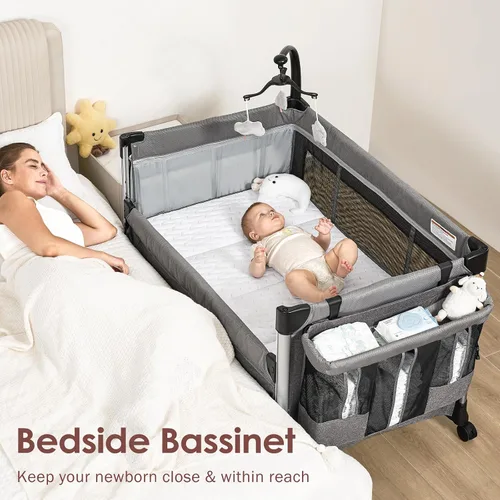 Vista 2 de Moisés para bebé 4 en 1 con colchón, configuración de un solo empuje, cuna de noche con cambiador de pañales de recién nacido a niño pequeño (gris)