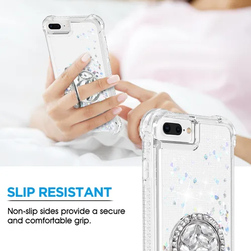 Vista 6 de Funda para iPhone 7 Plus/8 Plus, soporte de anillo con purpurina, funda protectora de TPU transparente a prueba de golpes, patrón de purpurina