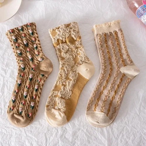Vista 17 de Juego de 6 pares de calcetines de algodón transpirables de punto floral para mujeres y niñas