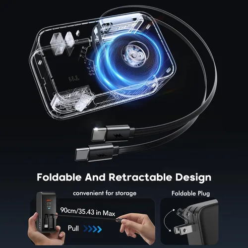 Vista 5 de Cargador de pared retráctil 4 en 1, enchufe de cable USB C doble, cargador USB C de 45 W, cargador retráctil rápido para iPhone, bloque plegable