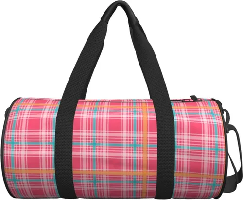 Vista 7 de Large Duffle Bag for Travel - Retro Pink Plaid Print (a) Gym Bag for Women Men, Travel Foldable Bags for Women Men with Zippered Multiple Pockets