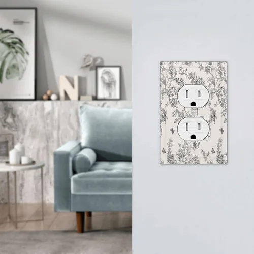 Vista 7 de Cubierta de tomacorriente eléctrico dúplex individual estilo campestre con diseño floral de flores y pájaros en blanco y negro, placa de pared de 1