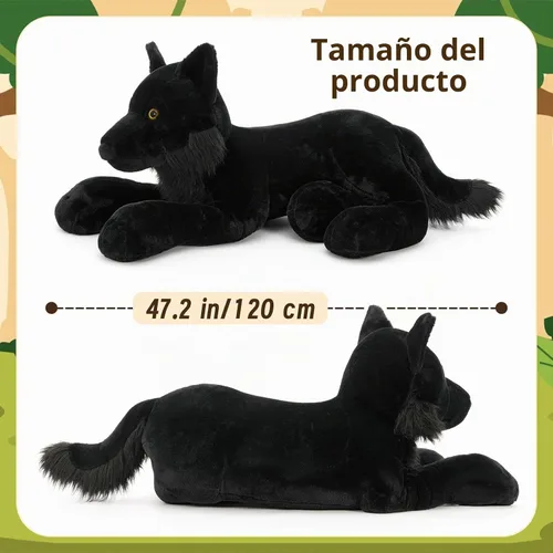 Vista 3 de MaoGoLan Peluche de lobo negro, lobo gigante de peluche para niños, 47 Almohada grande y realista de lobo coyote, extra suave, decoración