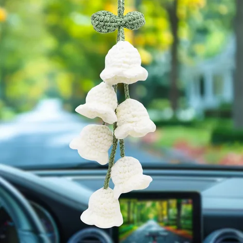 Vista 10 de Accesorios para colgar espejos de automóvil, colgante de flor de lirio tejido hecho a mano, bonita decoración colgante de ganchillo para espejo