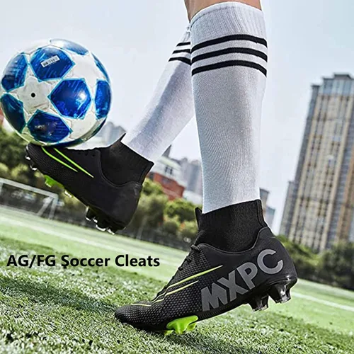 Vista 6 de Botines de fútbol para hombre, zapatos de fútbol de caña alta, con cordones, antideslizantes, botas profesionales de césped firme para exteriores