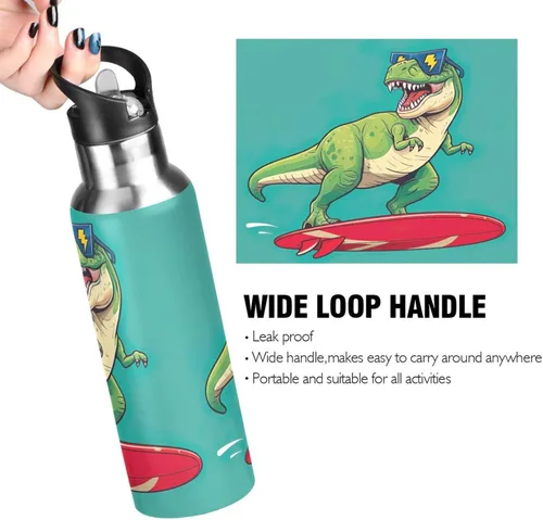 Vista 4 de BPA-Free Sports Water Bottle 20 Oz, Insulated Water Bottle for Gym Outdoor Travel School, Cool Green Rex Dinosaur Teal