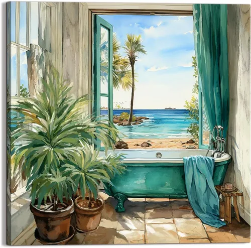 Vista 5 de LAIART Impresión en Lienzo para Baño Arte Decorativo de Pared Imagen de Bañera Verde Azulado Vista al Mar desde la Ventana Obra de Arte