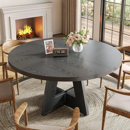 Vista 5 de LITTLE TREE Mesa de comedor redonda para 4-6 personas, mesa de comedor de 47 pulgadas con base de pedestal de madera, mesas de comedor negras, mesas