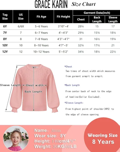 Vista 6 de GRACE KARIN Suéter de manga larga con cuello redondo para niñas, talla 5-12