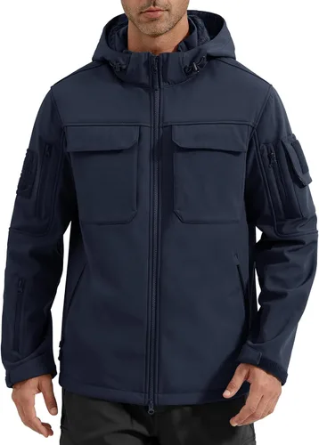 Vista 16 de FREE SOLDIER Chaqueta impermeable Softshell con forro polar para hombre, chaqueta táctica militar con capucha rompevientos Negro