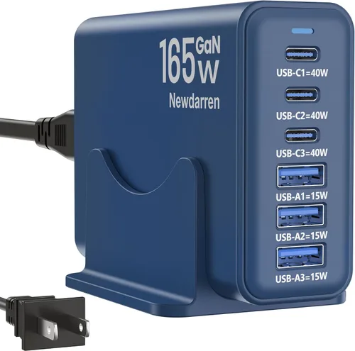 Vista 13 de Estación de carga de 165 W, cargador de escritorio de 6 puertos, 3 puertos 40 W, color negro Multi-Device Charger, 3 PD USB C 40W and 3 15W USB A