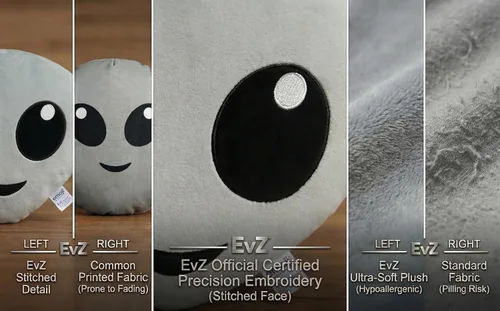 Vista 3 de Emoji Cara de Alienígena Cojín de Emoticón Relleno de Felpa Suave Almohada, Certificado Oficial, EvZ 31cm Gris