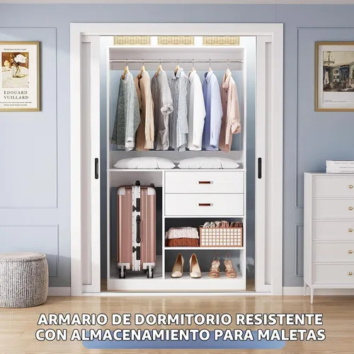 Vista 3 de Armocity Sistema de armario independiente con almacenamiento de maletas, armario independiente de 40 pulgadas con 2 cajones de madera, perchero