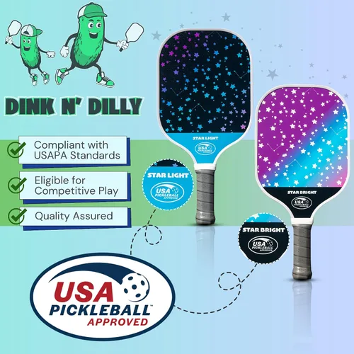 Vista 4 de Dink N' Dilly Pickleball Paddle USAPA Approved Lightweight with Cushion Grip, Ideal for All Skill Levels, Premium Quality Paddle and Balls for 2