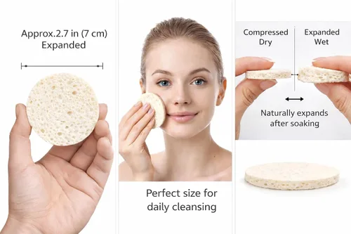 Vista 2 de Esponjas faciales comprimidas, paquete de 60 – Esponja facial de celulosa natural para limpieza, eliminación de maquillaje, exfoliación, lavado