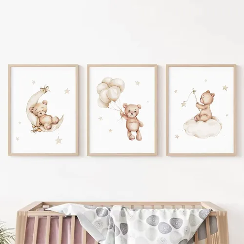 Vista 9 de Baccone Arte de pared para habitación de guardería con oso de peluche, póster para habitación de bebé niño o niña, decoración de pared de guardería