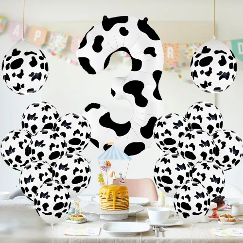 Vista 6 de Globo con estampado de vaca de 40 pulgadas, globo número 3, suministros para fiesta de cumpleaños con temática de vaca, globos de número para granja