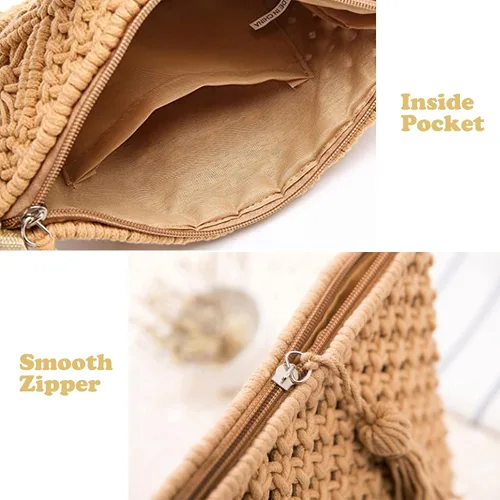 Vista 3 de Magibag Bolso de mano con borla de ganchillo, bolsa de mano de algodón, macramé, bolso de mano tejido a mano, bolso de pulsera con cremallera
