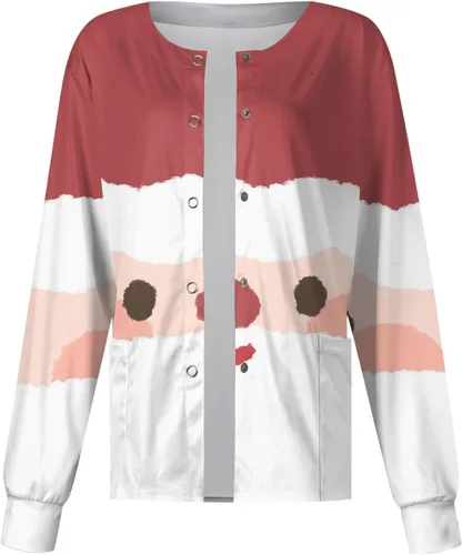 Vista 2 de Chamarras médicas estampadas de Navidad para mujer, con botones frontales, lindo estampado, manga larga, uniforme de enfermera, con bolsillos