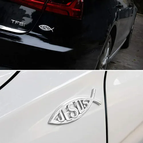 Vista 3 de MEETCUTE 2 calcomanías de pez Jesús plateadas, 3D cromadas para coche, calcomanía para emblema religioso de Dios para Jesús, símbolo de pez cristiano